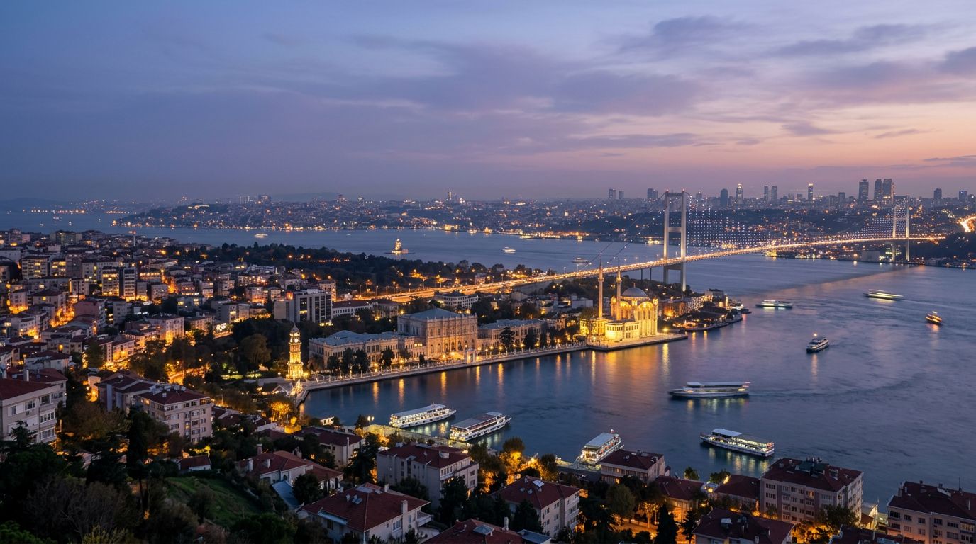 Akşam saatlerinde İstanbul Boğazı ve Boğaz Köprüsü